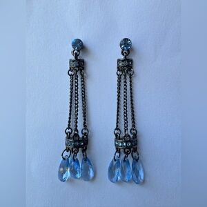 GIVENCHY Signed Blue Crystal Dangle Chain Stud Earrings